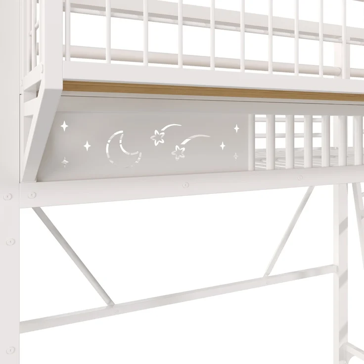 Hochbett 90x200 cm aus Metall mit Staufächern und offener unterer Ebene, Weiß – Ohne Matratze – Bild 10