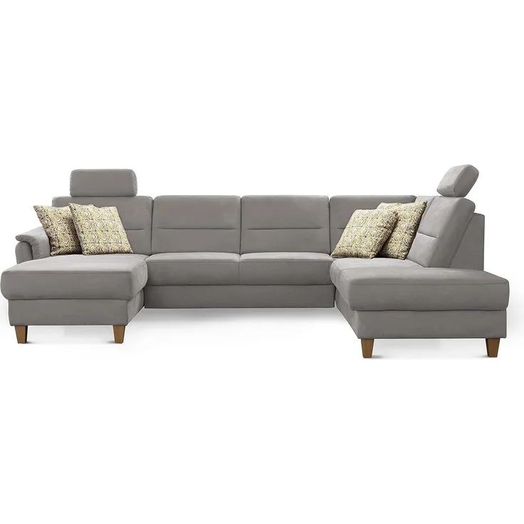 CAVADORE Wohnlandschaft Palera / Federkern-Sofa in U-Form mit 2 Kopfstützen / 314 x 89 x 212 / Mikrofaser, Hellgrau