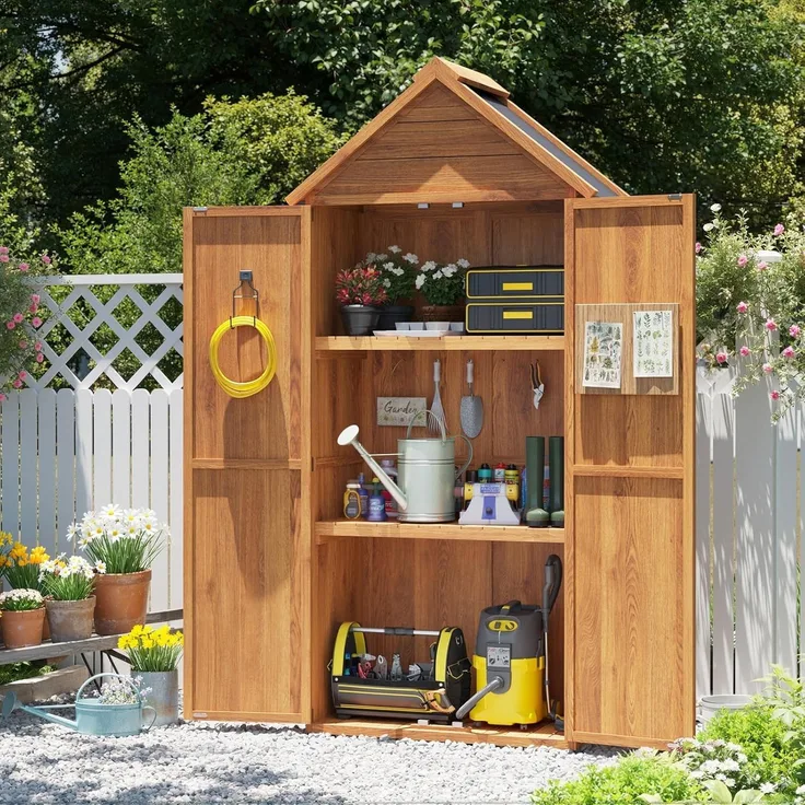 Aoxun Geräteschuppen Holz 73x39x169cm mit Regalen, giebelförmiges Gartenhaus mit Asphaltdach & Doppeltüren, wetterfester Gartenschrank Outdoor für Balkon Terrasse Hinterhof,Natürlicher Holzfarbton