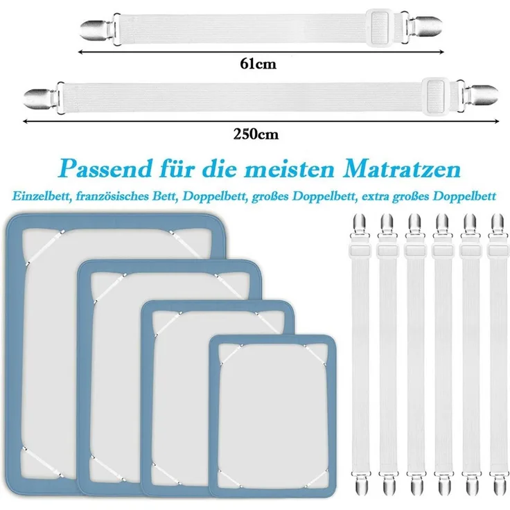 TUWENA Spannbettlaken 8 Stück Bettlakenklammern Verstellbar 60-250 cm mit Metallclips, Elastische Bettlakenspanner mit Metallclips für Spannbettlaken