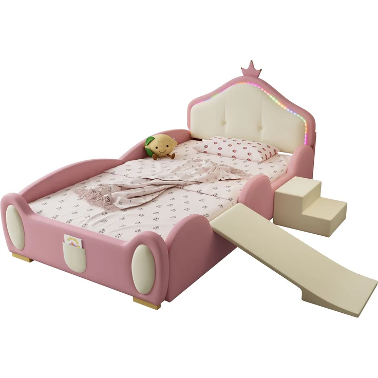 Merax Polsterbett 90x200cm, Crown Cartoon Bett, Mit Multi-Mode-LED-Streifen, Kinderbett mit kleiner Rutsche und Treppe, mit schützenden weichen Kanten, mit Holzlatten, PU, Rosa + Beige – Bild 10