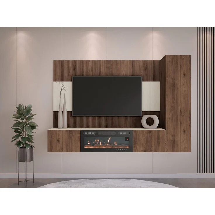 Wohnwand Deromi VI mit Kamin (Farbe: Nuss Okapi + Travertin) – Bild 3