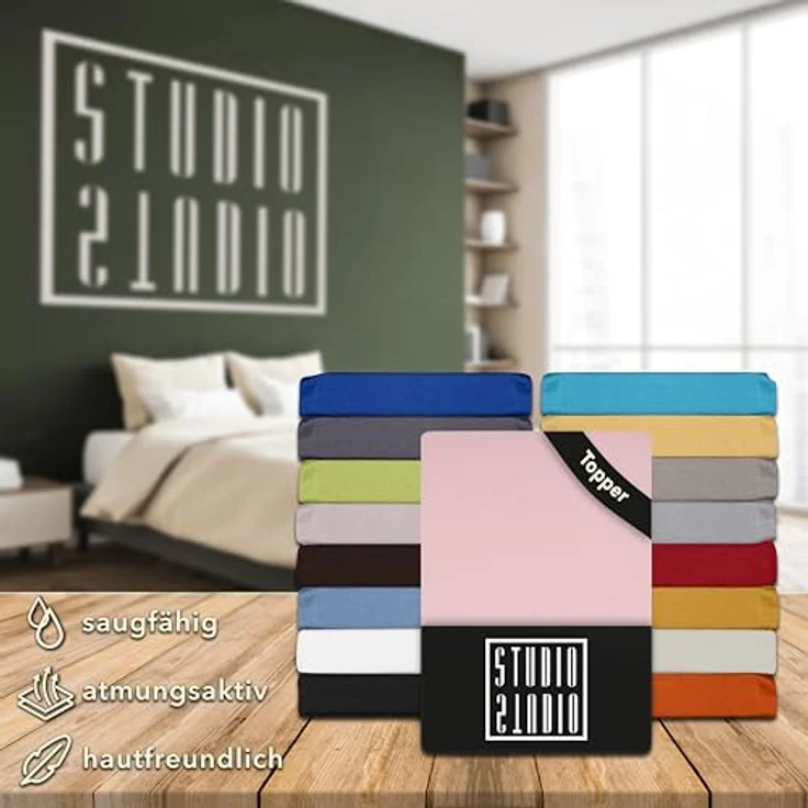 STUDIO Basic Topper Spannbettlaken 180x200 cm, 100% gekämmte Baumwolle, Oeko-TEX 100, Markenqualität, Bettlaken 180x200 Topperbezug Jersey - Puder – Bild 7