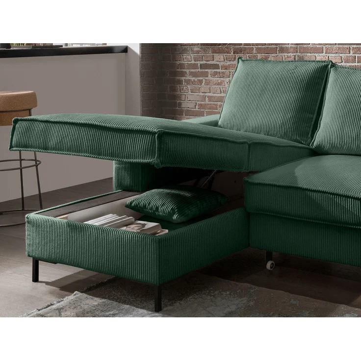 Polsterecke >Rube< Schlaffunktion, Stauraum, Cord moosgrün - 240x92x150cm (BxHxT) – Bild 5