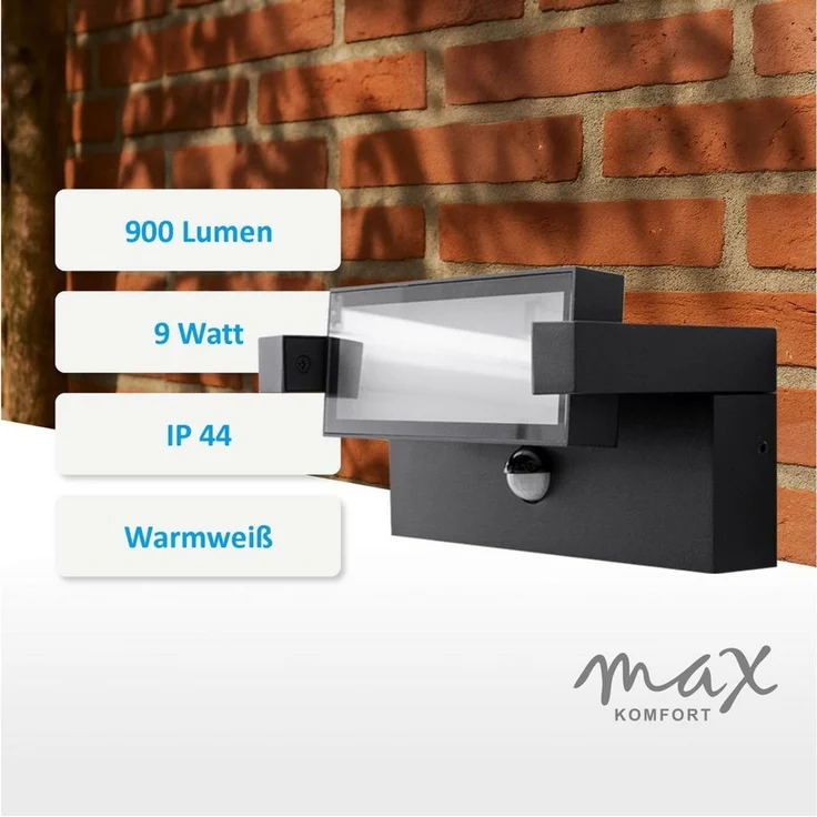 Maxkomfort Außen-Wandleuchte LED Außenwandleuchte 3011 – 9 W, 3000 K, IP44, schwenkbar, schwarz, mit Bewegungsmelder, LED fest integriert, warmweiß – Bild 2