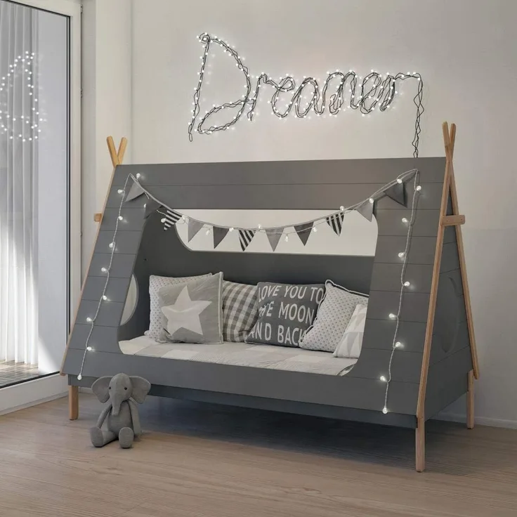 Möbilia Tipibett für Kinder, Zeltform, grau, 90x200 cm MDF, Pinie L = 215 x B = 105 x H = 165 cm grau, natur
