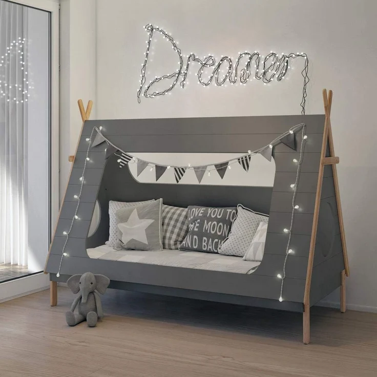 Möbilia Tipibett für Kinder, Zeltform, grau, 90x200 cm MDF, Pinie L = 215 x B = 105 x H = 165 cm grau, natur – Bild 1