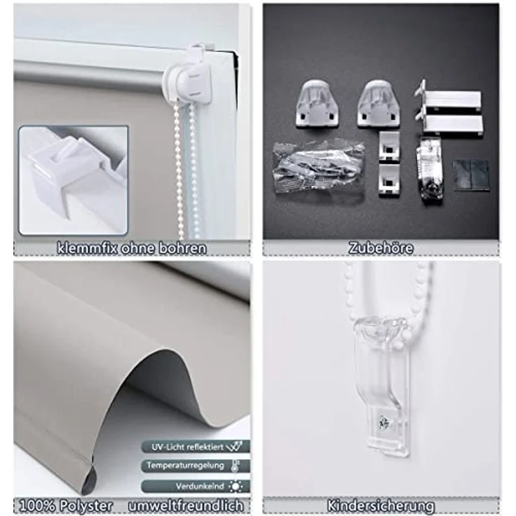 Grandekor Verdunklungsrollo ohne Bohren Hellgrau 50x170 cm(Stoffbreite 46cm) Rollos für Fenster ohne Bohren & mit Bohren,Verdunkelungsrollo Thermorollo Klemmrollo Fensterrollo verdunkelung – Bild 5