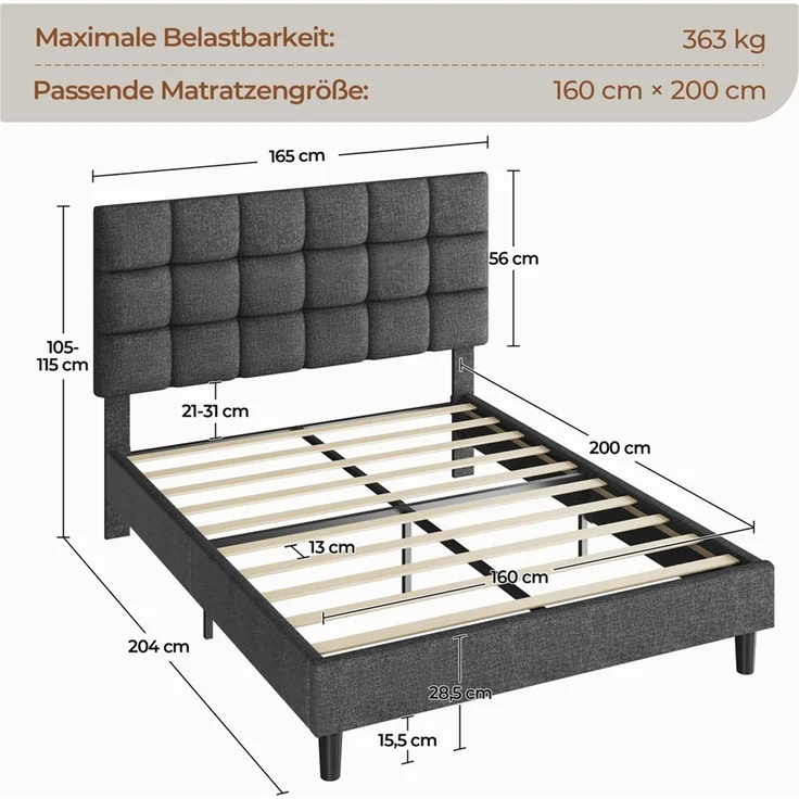 Yaheetech Polsterbett, 160x200 cm, mit höhenverstellbarem Kopfteil und Lattenrost, Dunkelgrau – Bild 4