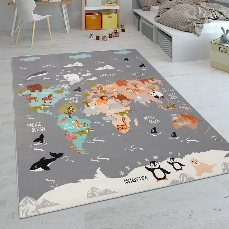 Paco Home Kinderteppich Teppich Kinderzimmer Spielteppich Junge Mädchen Modern rutschfest, Grösse:140x200 cm, Farbe:Grau 3 – Bild 1