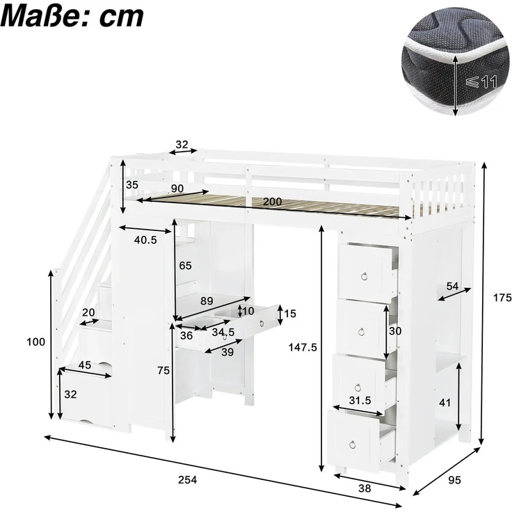 Hochbett mit Schreibtisch, Regal, Schubladen, Treppe, Schrank, Lattenrost und Rausfallschutz, 90x200 cm, Holzbett – Bild 6