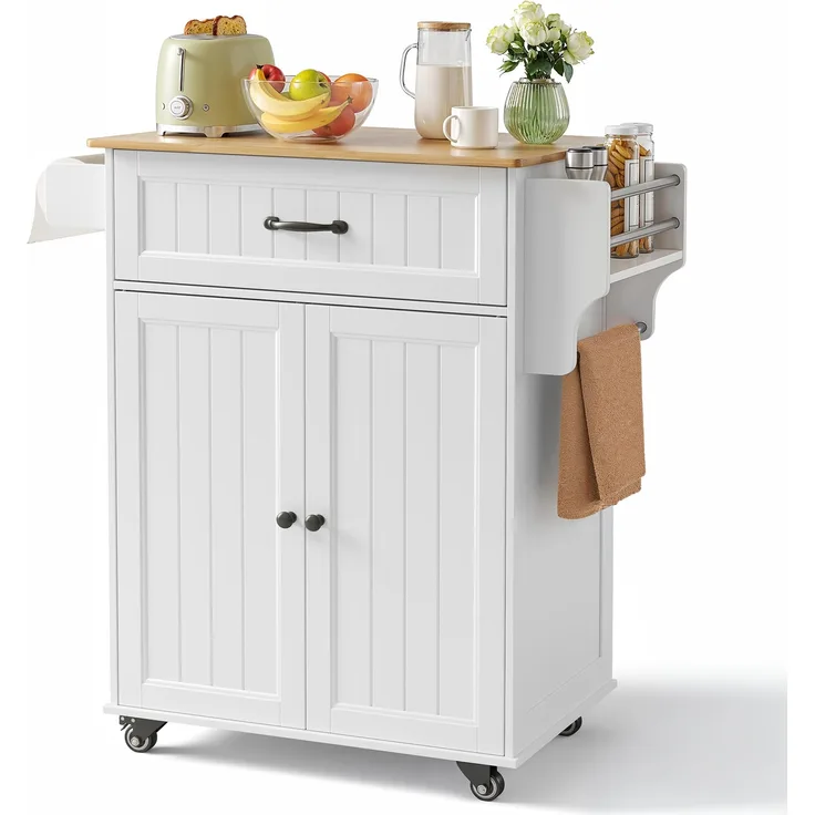 Bealife Küchenwagen mit Handtuchhalter und Gewürzboard, Kücheninsel auf Rollen, Bewegliche Küchenwagen mit Arbeitsplatte, Servierwagen für Küche, Esszimmer, Flur (weiß)