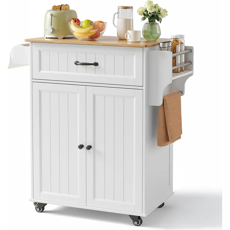 Bealife Küchenwagen mit Handtuchhalter und Gewürzboard, Kücheninsel auf Rollen, Bewegliche Küchenwagen mit Arbeitsplatte, Servierwagen für Küche, Esszimmer, Flur (weiß)