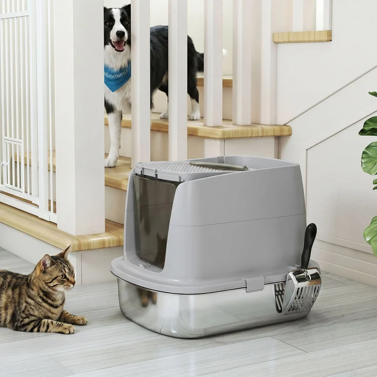 PawHut Katzentoilette, Edelstahl, Kunststoff, Hellgrau, 52,4L x 41,3B x 39,8H cm – Bild 9