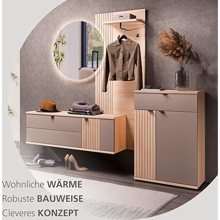 PISA Schuhschrank mit 1 Schubkasten, 2 Holztüren in Basalt matt mit Leistenoptik Riva Eiche – FSC-Zertifiziert – Modernes Schuhregal mit 3 Fachböden – 70 x 103 x 38 cm (B/H/T) – Bild 9