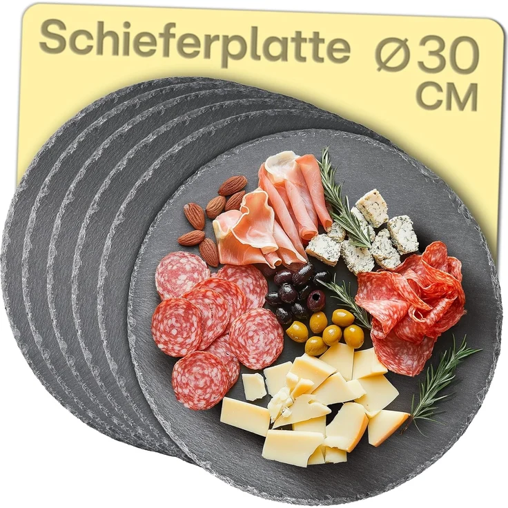 Praknu Servierplatte Schieferplatte Rund 30 cm, Schiefer, (Set, 6-tlg), Rutschfest – Bild 1