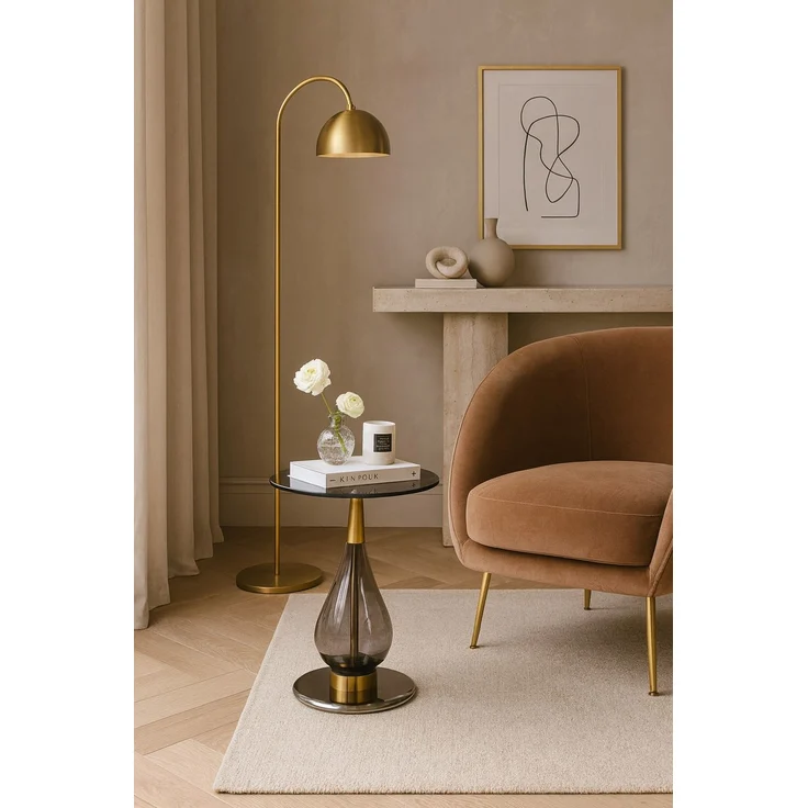 Design Beistelltisch Rund Ø45cm Schwarz/Gold – Grauglas Sicherheitsglas Höhe 52cm – Bild 5