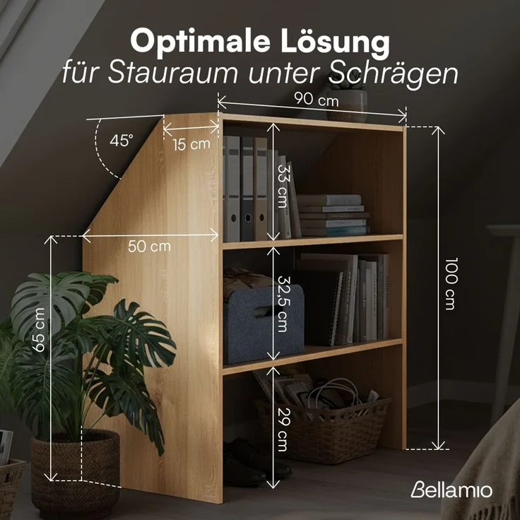 Bellamio 'Aland' Dachschrägenregal, Eichenoptik, 100x50x90 cm, Regal für Dachschräge mit 3 Fächern – Bild 5