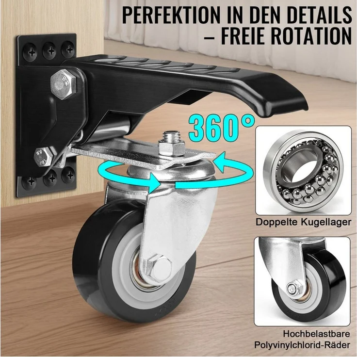 XERSEK Lenkrolle 4X Absenkbar Werkbank Werkbankrollen 50mm max. 150kg Heberollen, (Möbelrollen Schwerlastrollen Lenkrollen 360°, 4-St, Drehbar Versenkbare Rollen Transportrollen), für Werkbänke, Tische, Schränke, Maschinen – Bild 2