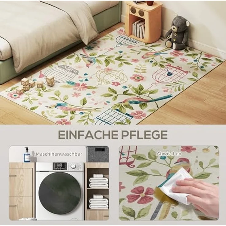 HOMCOM Teppich maschinenwaschbarer Wohnzimmerteppich rutschfester Flächenteppich, Rechteckig, Höhe: 7 mm, für Schlafzimmer, Wohnzimmer, Cremeweiß+Rosa – Bild 5
