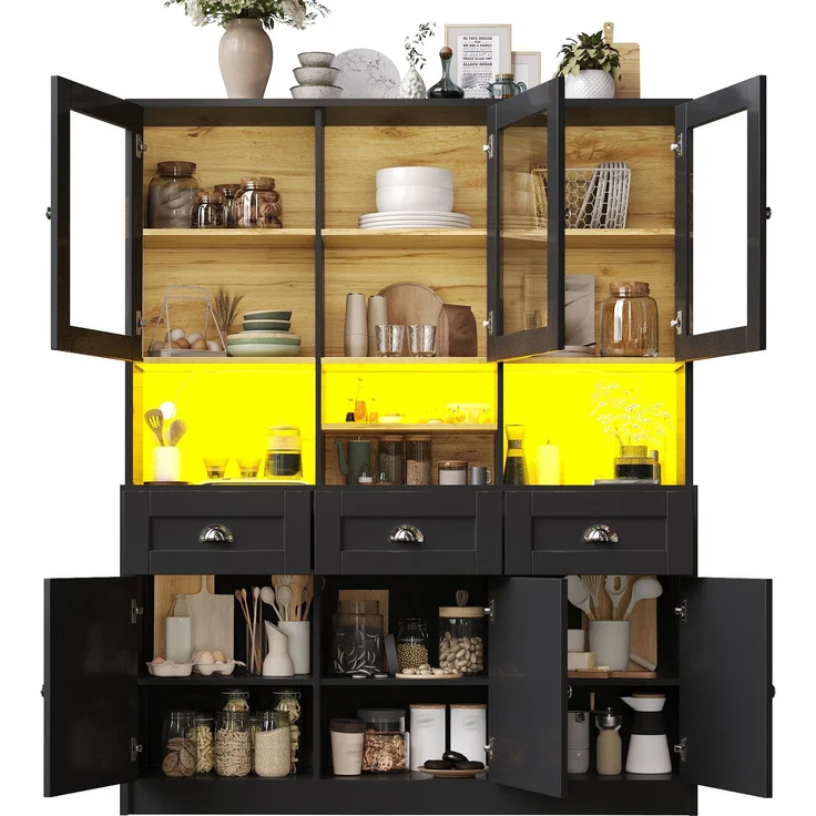 Küchenschrank(140×40×175cm), Hochschrank Küchenbuffet, Vitrinenschrank, Buffetschrank mit Verstellbaren Ablagen, Sideboard mit LED-Beleuchtung,Variable Lichtfarben, Weiß/Schwarz – Bild 7