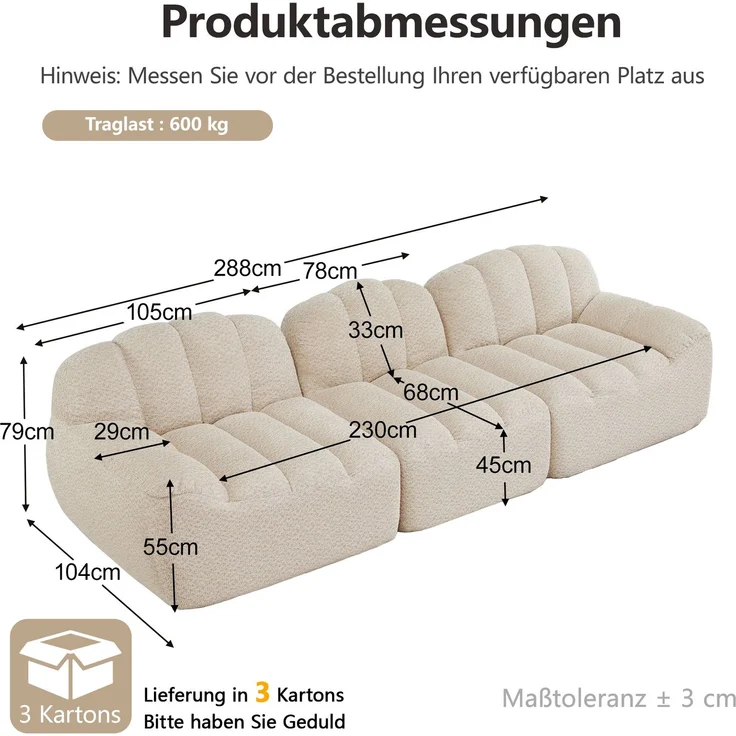 EINHOM 3-Sitzer Modulares Sofa, Boneless Design aus 32D Hochdichtschaum, tiefe Sitzfläche, ideal für Wohnzimmer, weicher Stoff, Beige Weiß – Bild 2