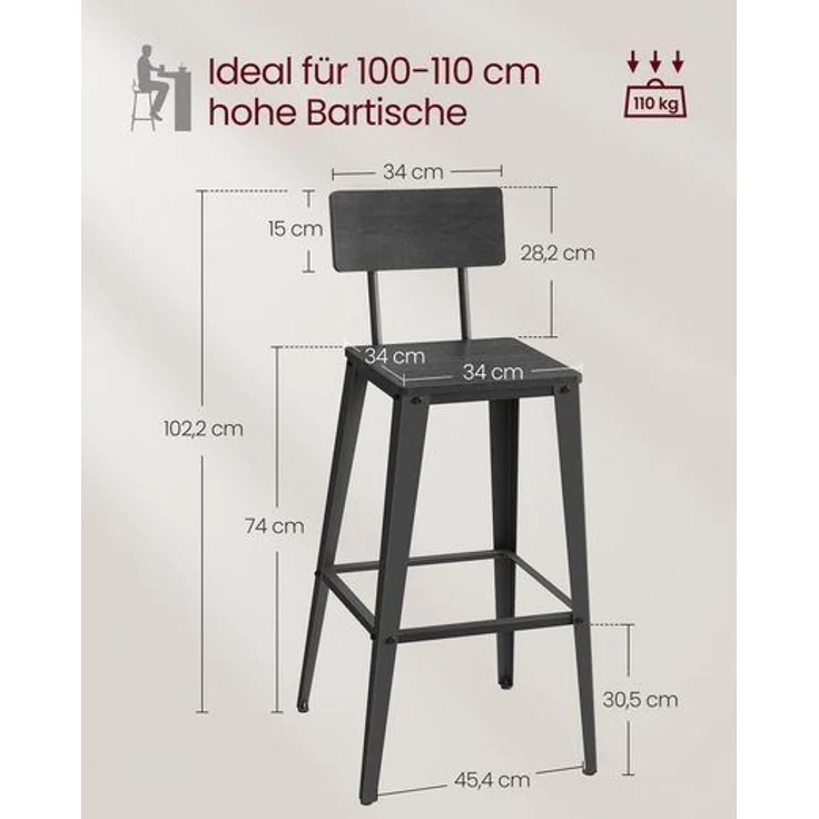 Vasagle Barhocker, 2er Set, Barstühle, Küchenstühle, mit Rückenlehne, Stahlgestell, einfache Montage, Industrie-Design, aschschwarz-tintenschwarz LBCDE078B02 – Bild 5