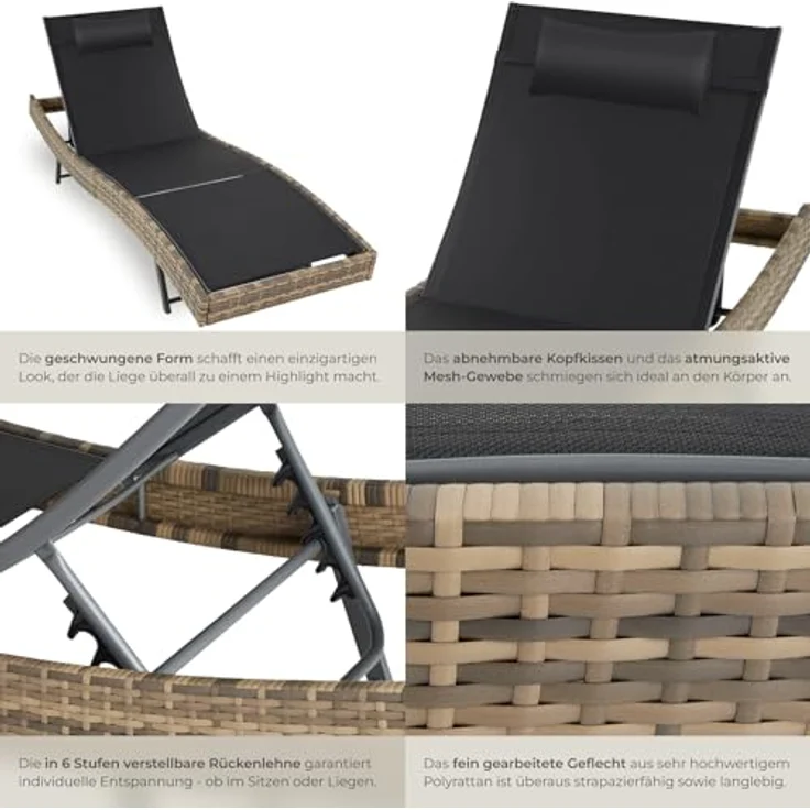 tectake® Sonnenliege, 6-Fach verstellbare Rückenlehne, Gartenliege wetterfest, Poolliege mit Kopfkissen, Outdoor Liege, UV-beständig, Strandliege für Garten, Terrasse und Balkon - Natur – Bild 6