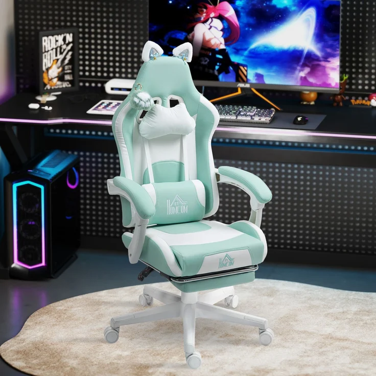 MELAYR, Liegender Gamer-Stuhl mit höhenverstellbarer, einziehbarer Fußstütze, Mintgrün, 65 x 62 x 124 cm, Blaugrün – Bild 4