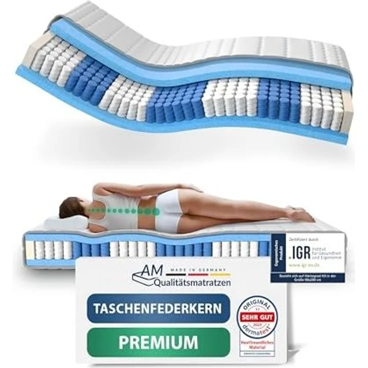 AM Qualitätsmatratzen Hochwertige 7-Zonen Taschenfederkernmatratze 80x220 cm H4-24 cm Premiumhöhe - Tonnentaschenfederkernmatratze 80x220 cm – Bild 1