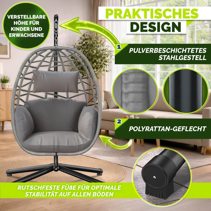 tillvex® Hängesessel mit Gestell Outdoor & wetterfester Abdeckung inkl. Befestigung | Hängekorb klappbar bis 150 kg | Hängesitz aus Rattan | Hängestuhl für Indoor Garten Balkon Terrasse – Bild 10