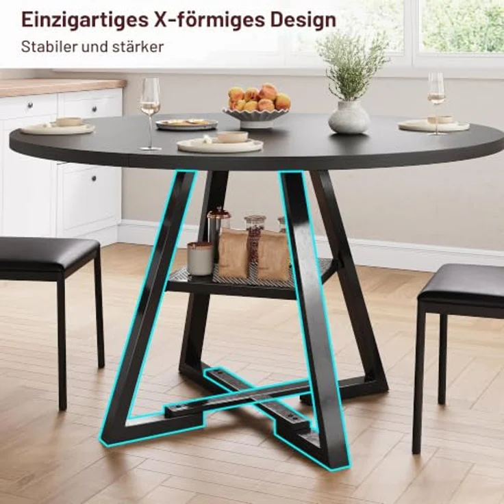 Jocoevol Esstisch Runder für 2 Personen, Esszimmertisch mit Ablage, platzsparender Küchentisch aus Holz im Industrial Design (Schwarz, 80x80x76cm) – Bild 6
