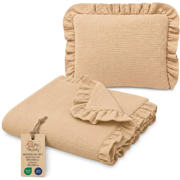 Babydecke Musselin Decke Baby Set 75x60 cm + Kissen 40x30 cm mit Rüschen, Totsy Baby – Bild 1