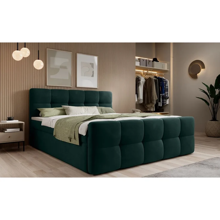 thematys Boxbett mit Bettkasten 160x200cm, mit Bonnellfederkernmatratze H3, Bouclé/Velours, mit Stauraum, mit 3 cm Topper, Dunkelgrün (Velluto 10), Art.-Nr. S04GH0RGX1V – Bild 1
