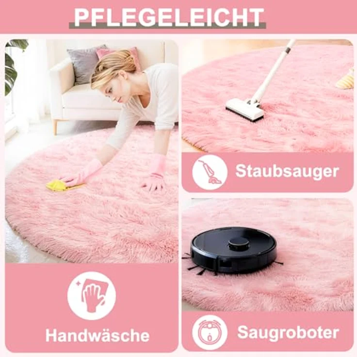 ROHATIM Teppich Schlafzimmer Rund 150 cm Rosa Waschbar Rutschfester Runder Hochflorteppich Wohnzimmer Kinderzimmer Mädchen Flauschig – Bild 6