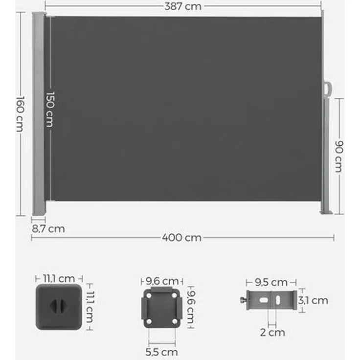 SONGMICS Seitenmarkise, ausziehbar, 160 x 400 cm (H x L), Sichtschutz, Sonnenschutz, Seitenrollo, für Balkon, Terrasse, Garten, Anthrazit GSA564G01 – Bild 3
