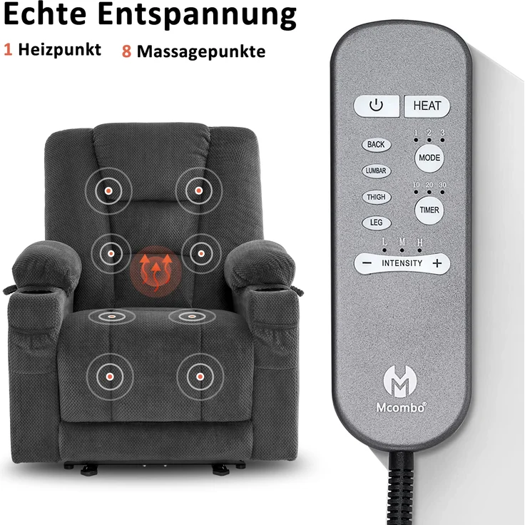 MCombo Relaxsessel mit Liegefunktion, Massage & Wärmefunktion, USB & Getränkehalter, Stoff Dunkelgrau, 94 x 90 x 105 cm – Bild 5