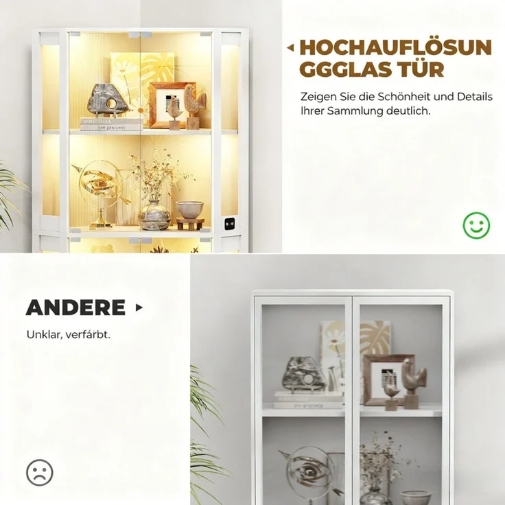 Eckvitrine 60x165x60 cm, Curio-Schrank mit 4 Regalböden, LED-Beleuchtung und Körpersensor, Weiß – Bild 9