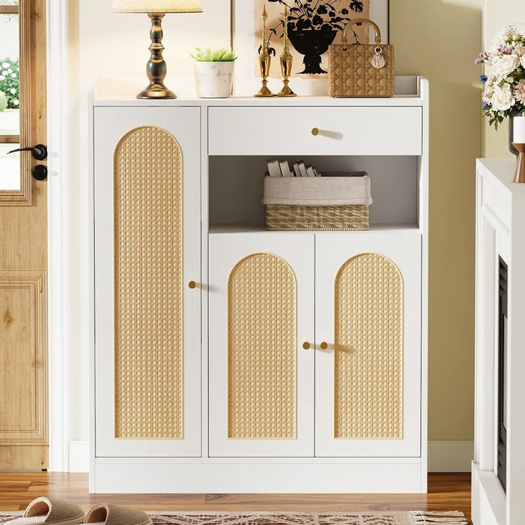 Rattan Schuhschrank / Aufbewahrungsschrank mit Stauraum, 1 Schublade, 3 Türen mit verstellbaren Regalen, für Eingangsbereich, Esszimmer und Flur, Weiß + Holz, Maße: 90 x 35 x 110 cm--Weiß+Natur--90x35x110cm--YOUDENOVA – Bild 4