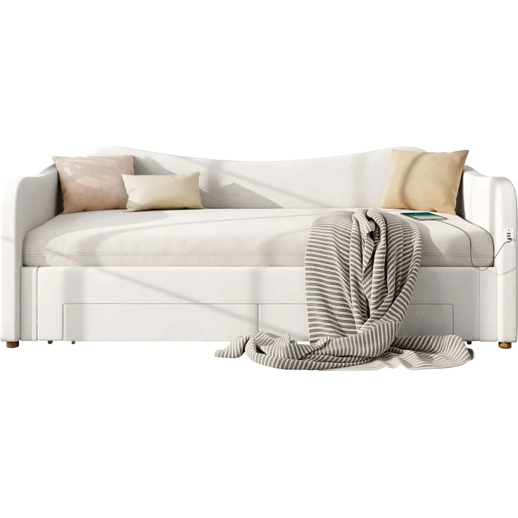 ZUBALIYA Schlafsofa 90 x 200 cm mit Schubladen, USB-Anschluss, gepolstertem Kopfteil, Samt, Beige – Bild 18