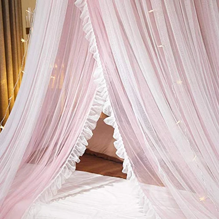 VARWANEO Prinzessinnen-Betthimmel für Mädchen, Betthimmel, Vorhang, doppellagig, durchscheinendes Netz, kuppelförmig, Moskitonetz für Doppelbett, Queen-Size-Bett, Rosa/Weiß – Bild 5