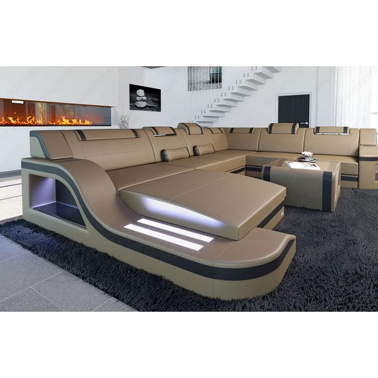 Mini XL Leder Wohnlandschaft Palermo mit LED - Kunstleder - Sandbeige-Schwarz - Links – Bild 3