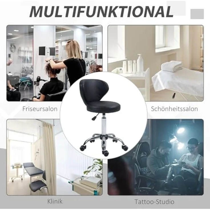 HOMCOM Rollsitz Rollhocker höhenverstellbar Salon Hocker mit Lehne (Arbeitshocker, 1 St, Drehhocker), für Büro, Wohnzimmer, Kunstleder, 45 x 54 x 73-88 cm, Schwarz – Bild 7
