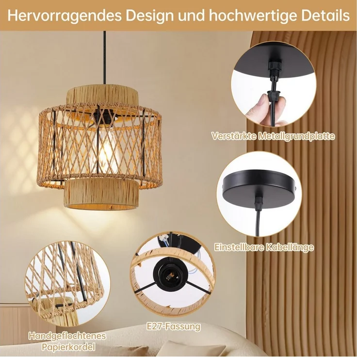 JDONG Pendelleuchte Boho Style Hängelampe 26CM Papierflechten Lampenschirm E27, ohne Leuchtmittel, Esstisch Vintage Hängeleuchte,Braun Deckenlampe, hängend,Vintage,Dekorative Möbel,Für,Wohnzimmer,Esszimmer,Flur,Küche – Bild 4
