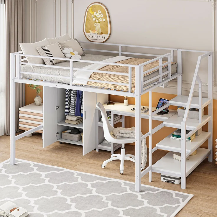 Hochbett 140 × 200 cm, integrierter Schreibtisch, Kleiderschrank, offene Regale und Ablageleiter, platzsparendes Design, Weiß – Bild 4