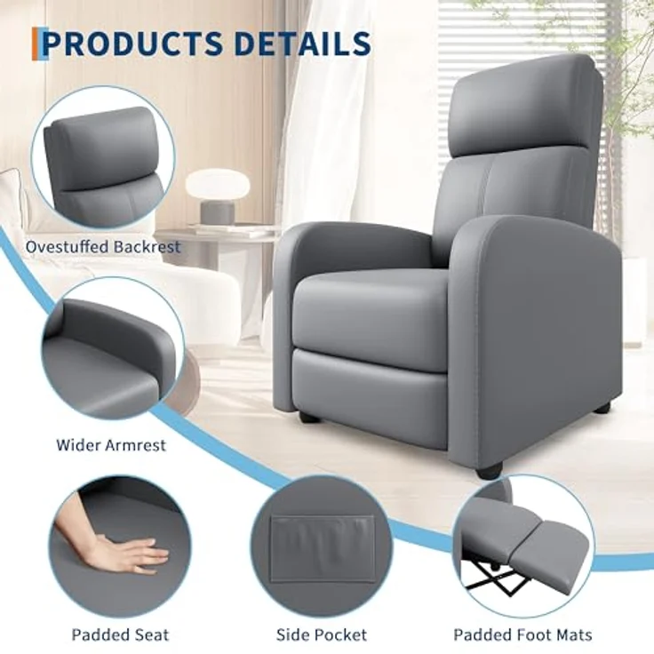 GarveeHome Relaxsessel Fernsehsessel Ruhesessel Liegesessel mit Liege-Funktion Polstersessel Leinen verstellbar Einzelliegesessel Wohnzimmer Schlafzimmer Heimkino (Grau) – Bild 5