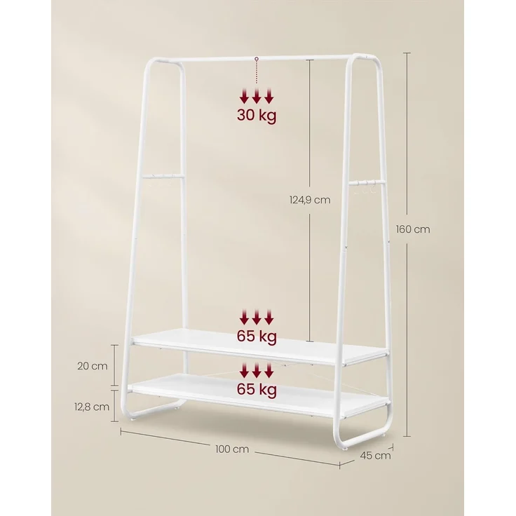 Vasagle Kleiderständer, Garderobenständer, Garderobe, 2 Ablagen, 6 Haken in S-Form, Stahlgestell, für Schlafzimmer, Flur, Eingangsbereich, wolkenweiß-mattweiß – Bild 6