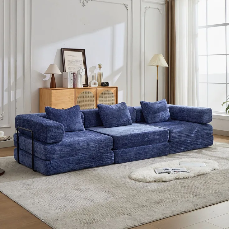 3-Sitzer Schlafsofa B 300 x T 100 x H 63 cm aus Chenille, modular und klappbar