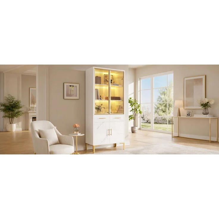 ZUBALIYA Vitrine, mit Schubladen, mit Stauraum, mit LED-Beleuchtung, mit App-Steuerung, H 170 × T 38 × B 75 cm, Weiß, MDF / Spanplatte – Bild 7