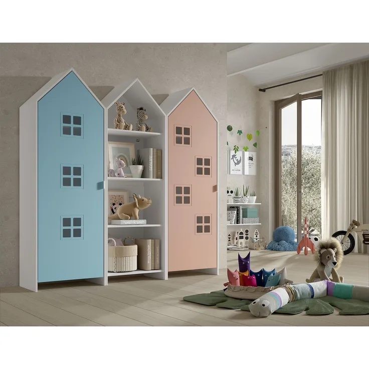 Kleiderschrank >CASAMI BRUGES< in Korpus Weiß / Front Blau u. Pink, MDF